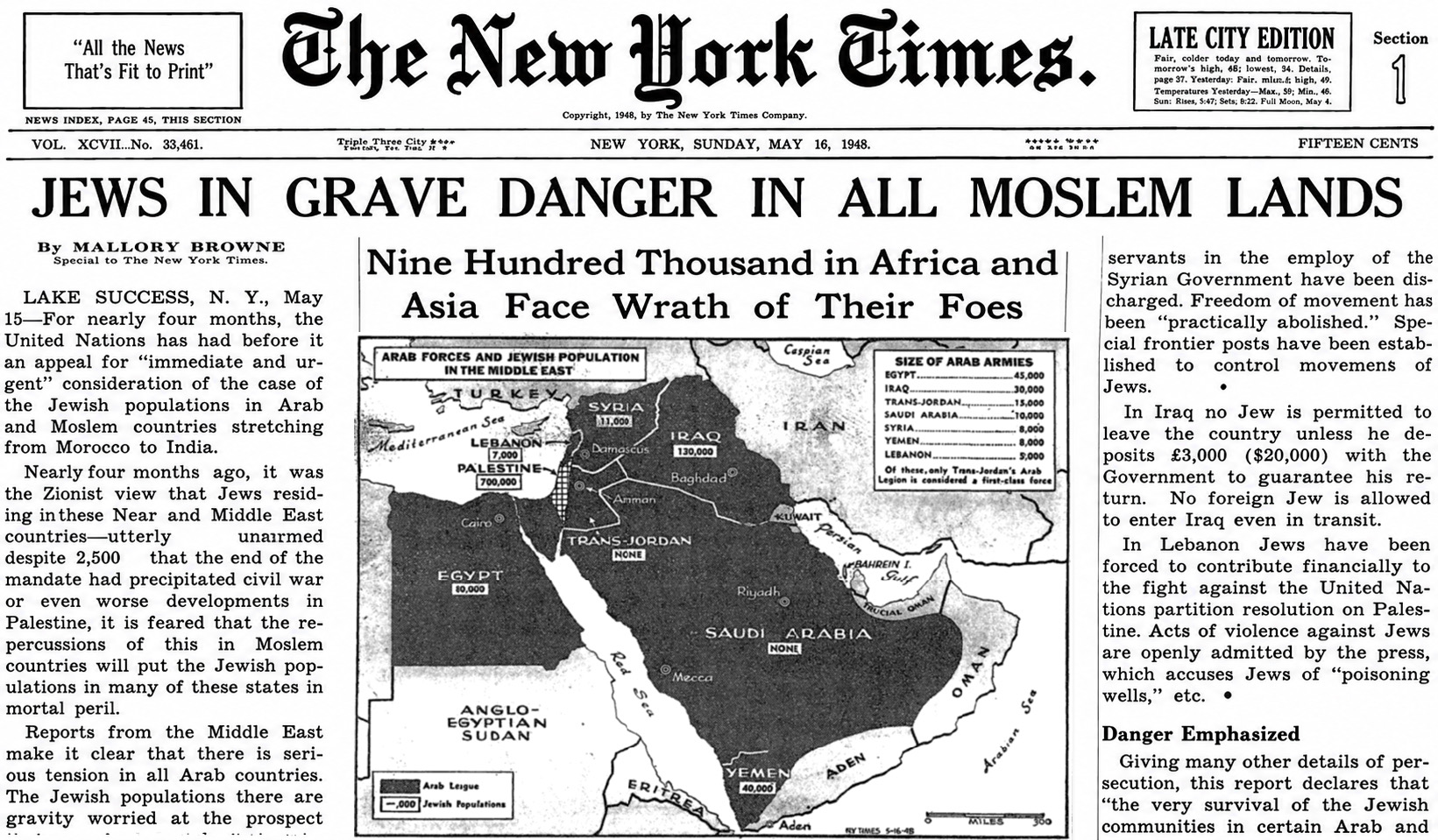 New York Times front page coverage of Jewish displacement