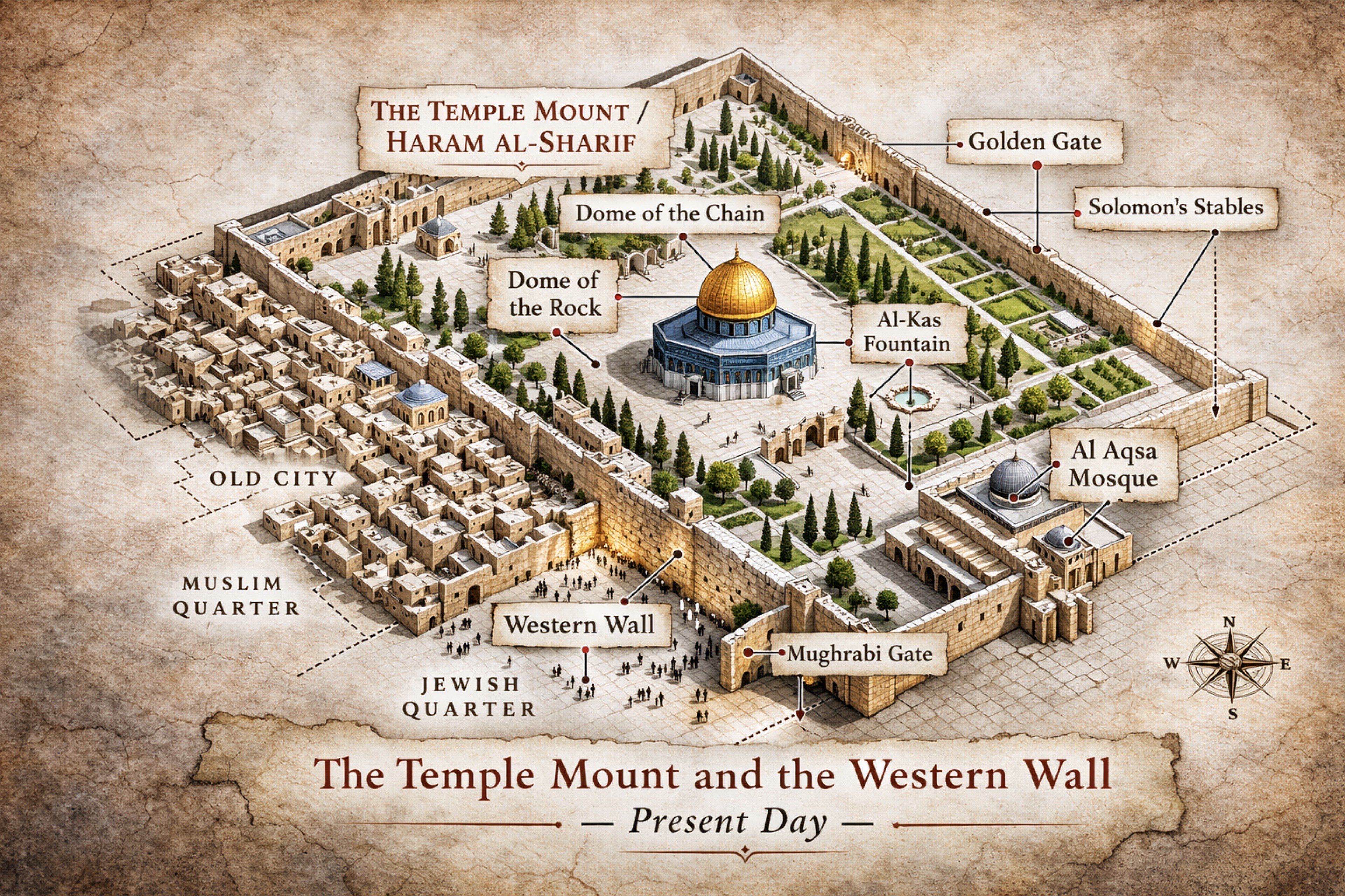 The Temple Mount complex: the Dome of the Rock, the Al-Aqsa Mosque, and the Western Wall